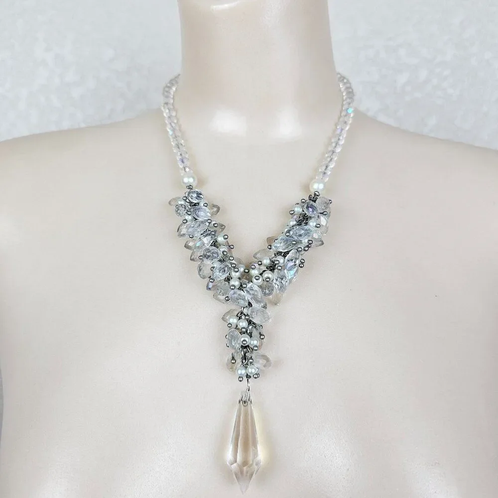Crystal Faceted Glass Faux Pearl Cluster Y‎ Statement Necklace Prism Drippy Bead